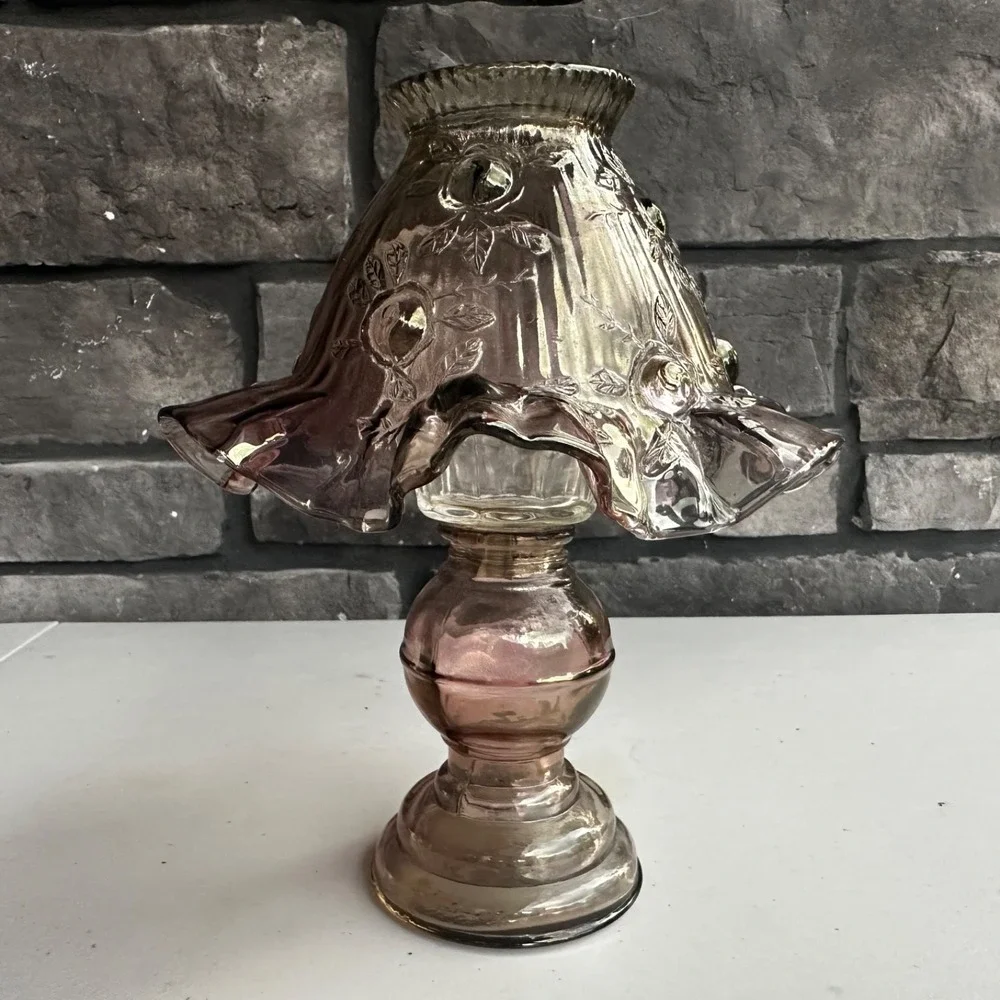 Vintage Fenton Cabbage Rose Glass Fairy Lamp Light Amethyst - 3 Piece - Cottage